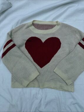 Amazon Cream Crewneck Sweater with Red Heart and Sleeve Stripes